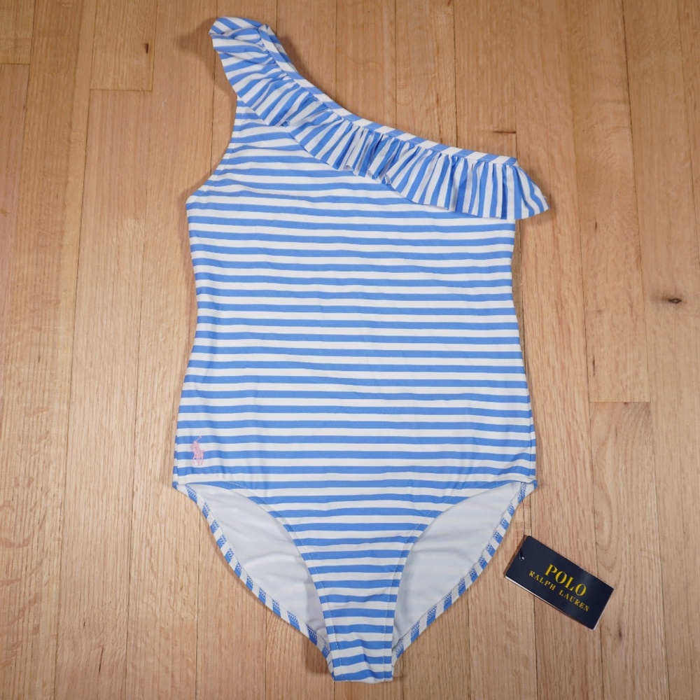 Polo Ralph Lauren Striped One Shoulder One Piece Swimsuit Size 10 Brand New